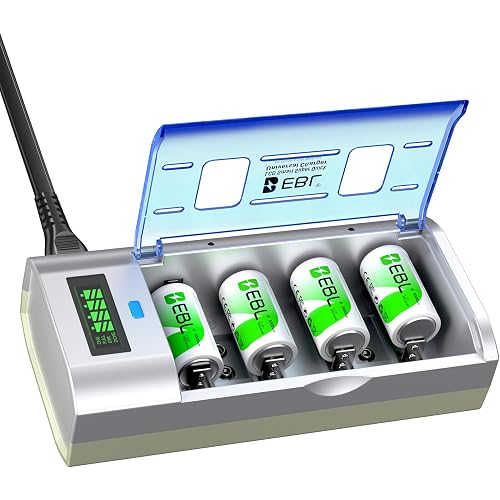 EBL 906 Smart Charger for AA AAA C D 9V Rechargeable Batteries with 4 Pieces 5000mAh C Rechargeable Batteries