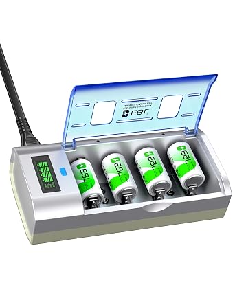 EBL 906 Smart Charger for AA AAA C D 9V Rechargeable Batteries with 4 Pieces 5000mAh C Rechargeable Batteries | 5000mAh NiMH C Rechargeable Batteries Precharged, for Portable Radio, Large Flashlight, LCD Chagrer with Discharge Function