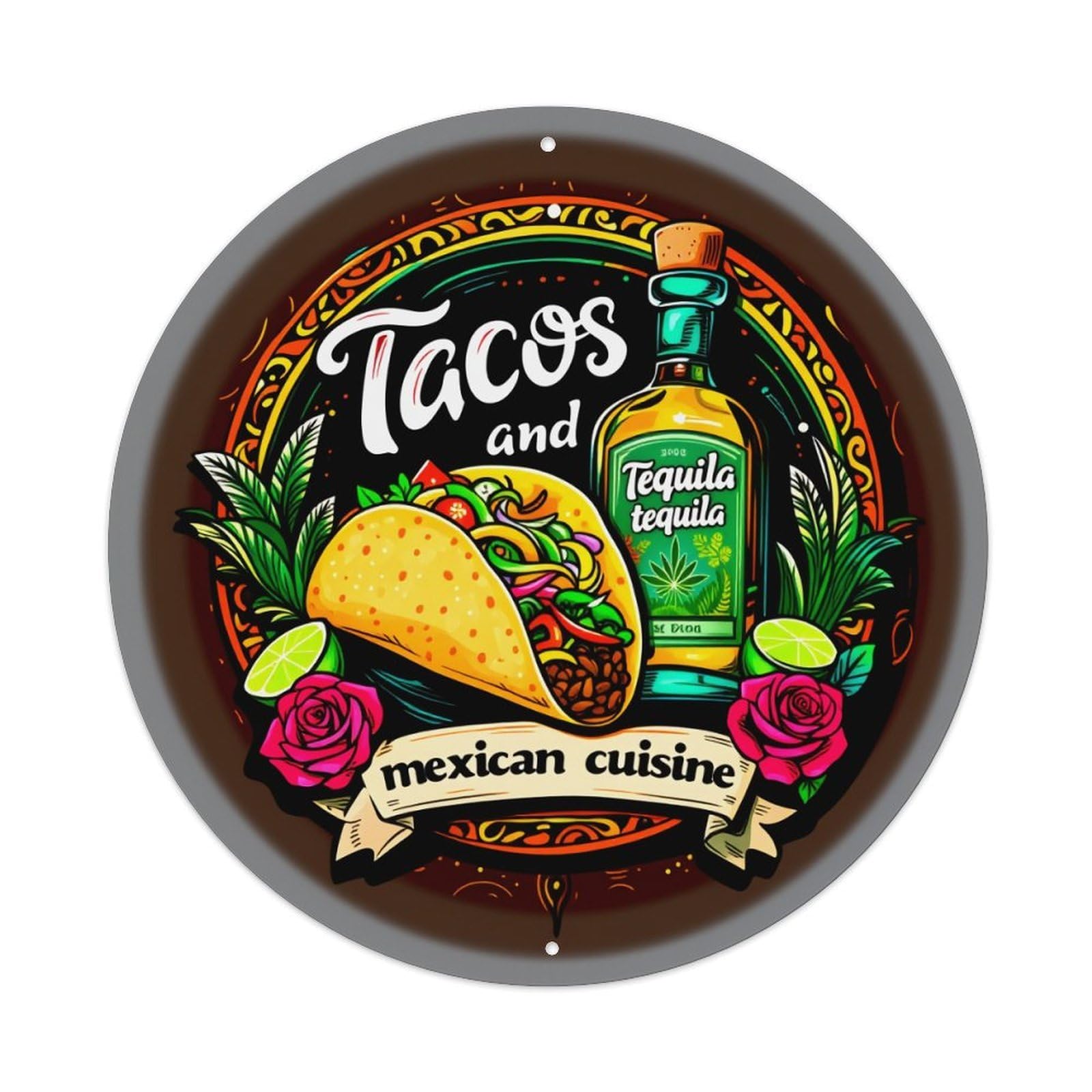 Tacos Tequila Roses Lime Leaves Banner Mexican Cuisine Round Vintage Tin Sign,Retro Wall Art,Metal Poster for Home, Bar, Garage, Cafe, Rustic Indoor & Outdoor Decor, 8x8 Inches