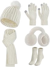 Warmiehomy Hat Gloves Scarf Set for Women Ladies Soft Warm Knitted Beanie Cap Long Scarf Gloves 3 in 1 Winter Thick Set for Outdoors Walking Shopping Skiing Fishing Camping