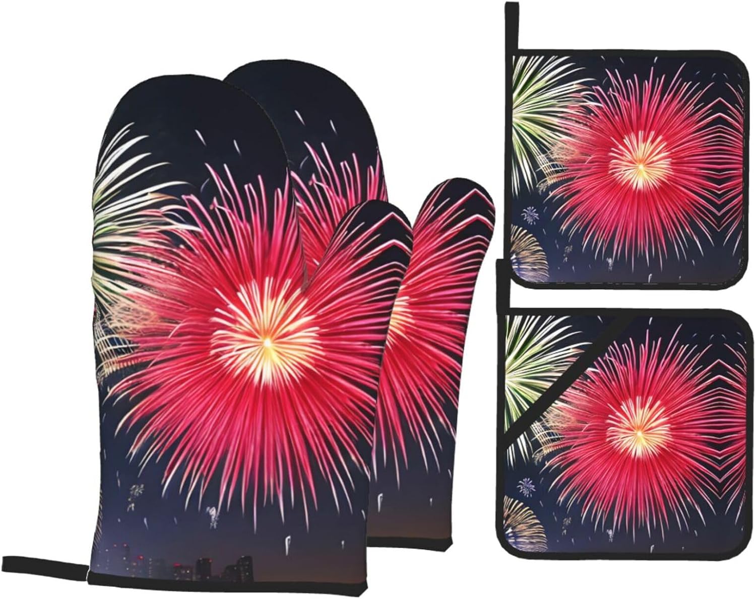 Splendid fireworks Oven gloves and heat-resistant mat 4-piece set. Suitable for grilling, microwave oven frying, and baking