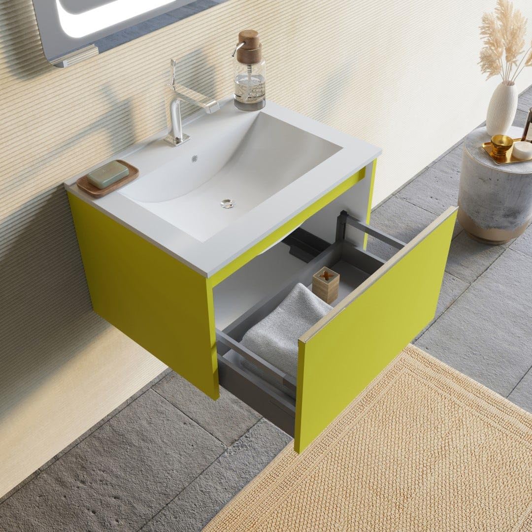Kiamami Valentina - Meuble de Salle de Bains Vert Olive 60 cm, lavabo en céramique et Miroir | Monaco