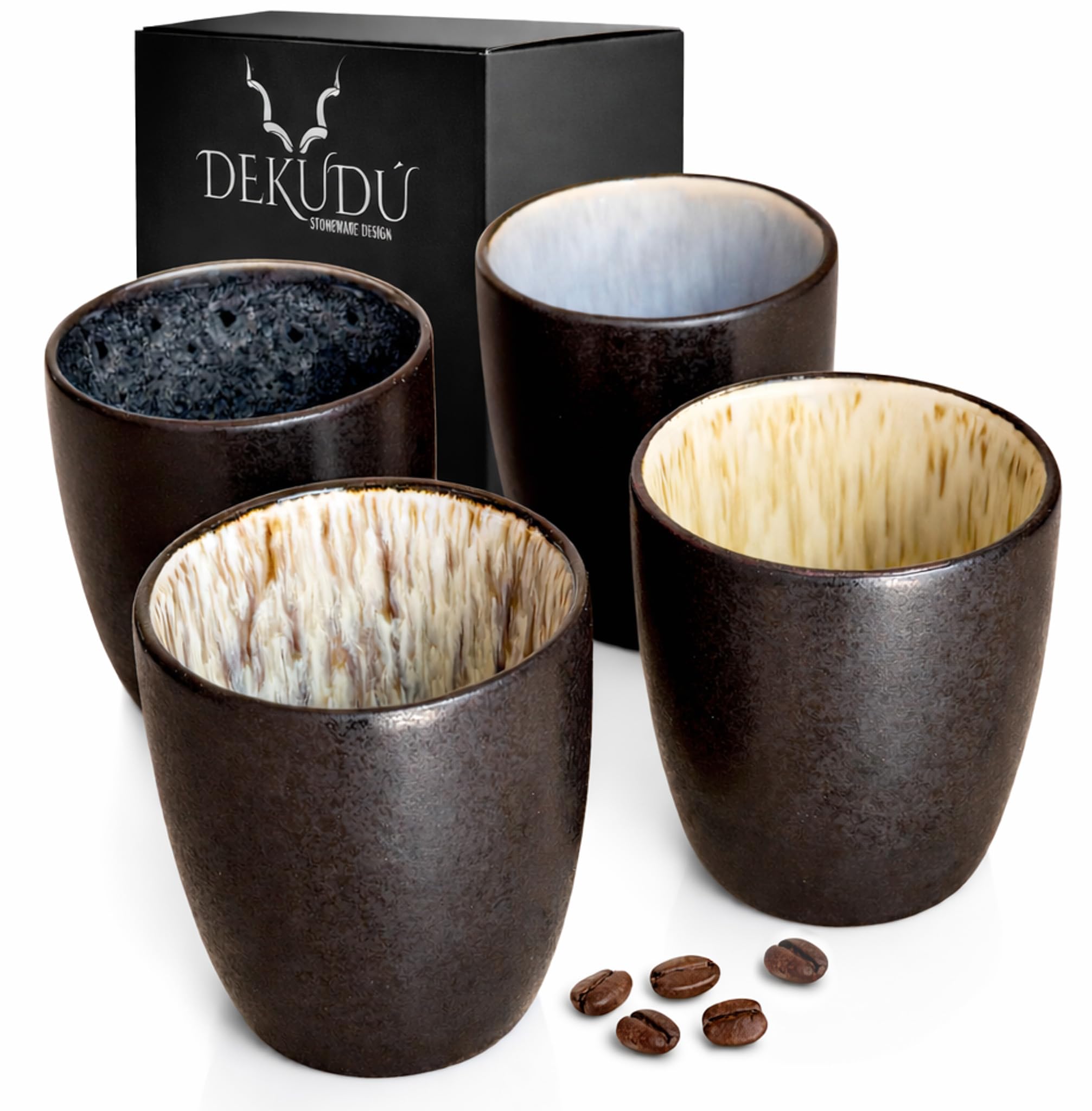 Set Tazzine Caffe Particolari Tazzine da Caffè Nere in Ceramica in Gres di Qualità - Realizzata a mano - 4 pezzi 100 ml - Elevata durezza-Lavabile in lavastoviglie microonde -Stile moderno Nero