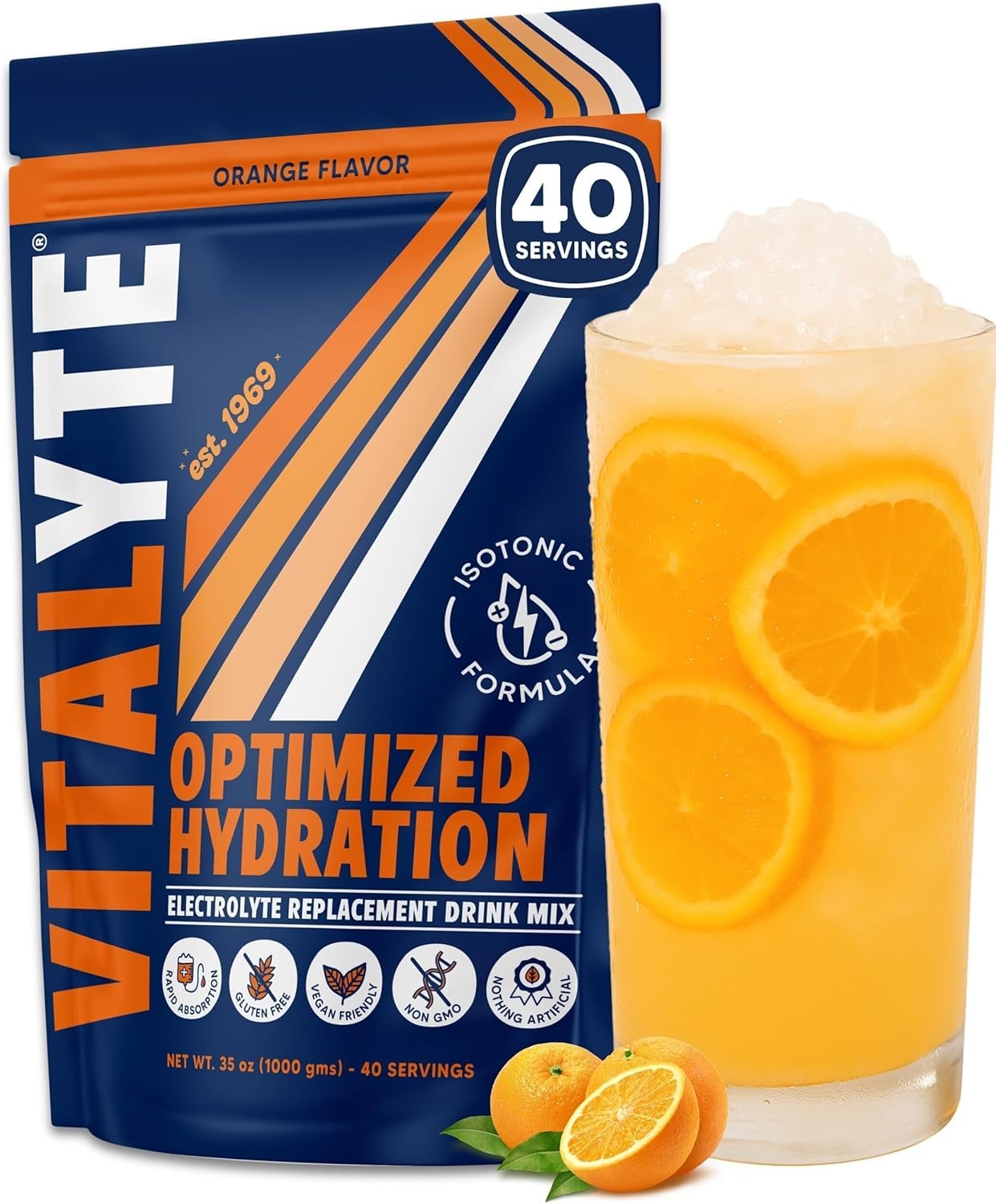 Vitalyte Electrolyte Powder Drink Mix, Isotonic Electrolyte Hydration Mix, Gluten Free Post Workout Powder Mix, Pack of 1, 35 oz., Orange Flavor