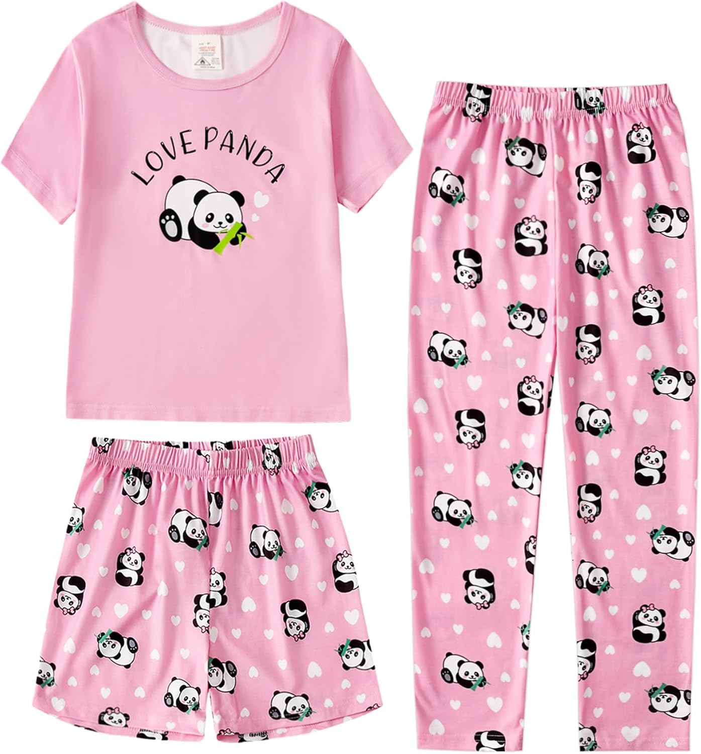MyFav Girls Pajama Sets 3pcs Crew Neck Short Sleeve Top Shorts & Long Pants With Cute Patterns Sleepwear Nighty For Teens