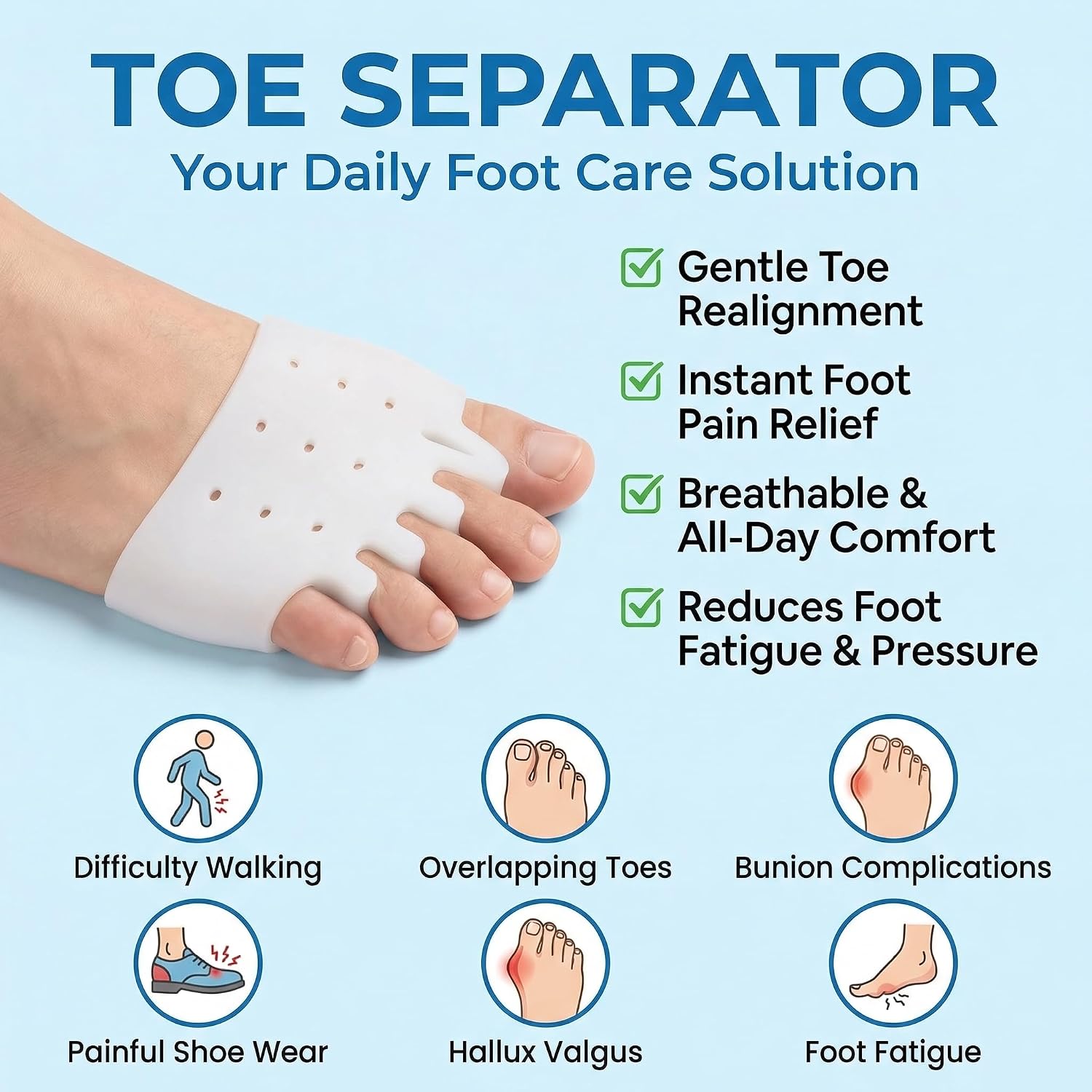 Silicone Toe Separators- Toe Separator for Women & Men, Hallux Valgus Relief - Toe Straightener & Spacer (White & Blue & Clear & Pink)