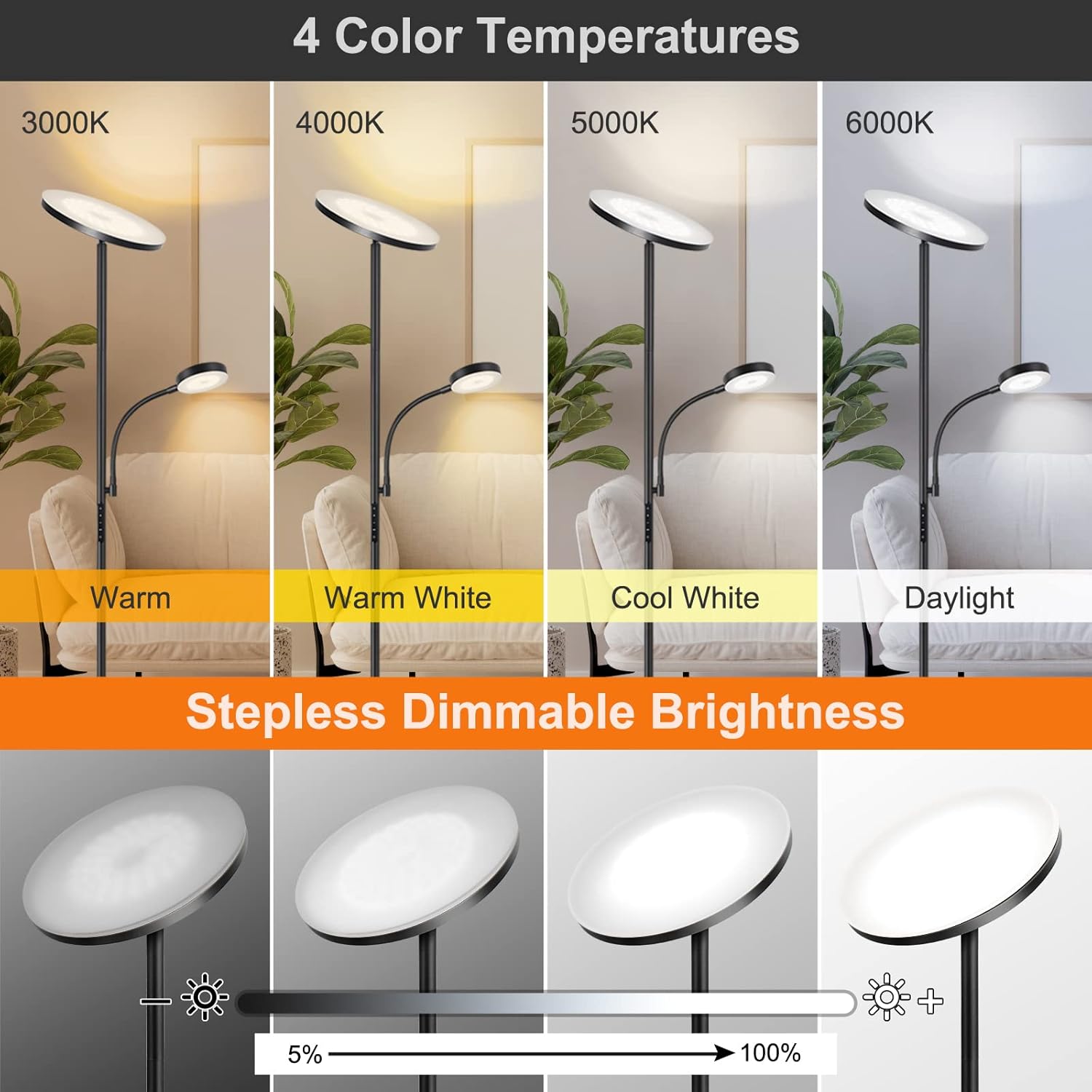 OUTON LED Floor Lamp, 27W/2400LM Modern Torchiere Lamp & 7W/ 400LM Reading Lamp, Bright Dimmable Standing Tall Lamp with 4 Color Temperature, Remote Touch Control for Living Room Bedroom Office, Black