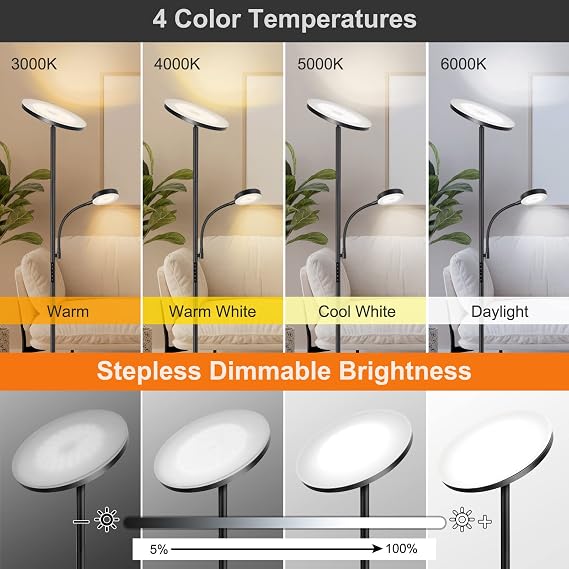 OUTON LED Floor Lamp, 27W/2400LM Modern Torchiere Lamp & 7W/ 400LM Reading Lamp, Bright Dimmable Standing Tall Lamp with 4 Color Temperature, Remote Touch Control for Living Room Bedroom Office, Black