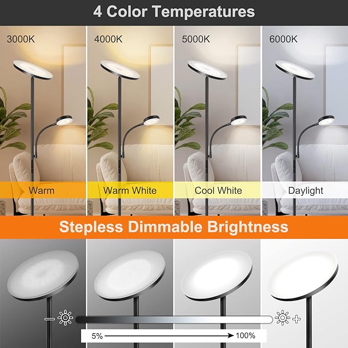 OUTON OUTON LED Floor Lamp, 27W/2400LM Modern Torchiere Lamp & 7W/ 400LM Reading Lamp, Bright Dimmable Standing Tall Lamp with 4 Color Temperature, Remote Touch Control for Living Room Bedroom Office, Black photo 3