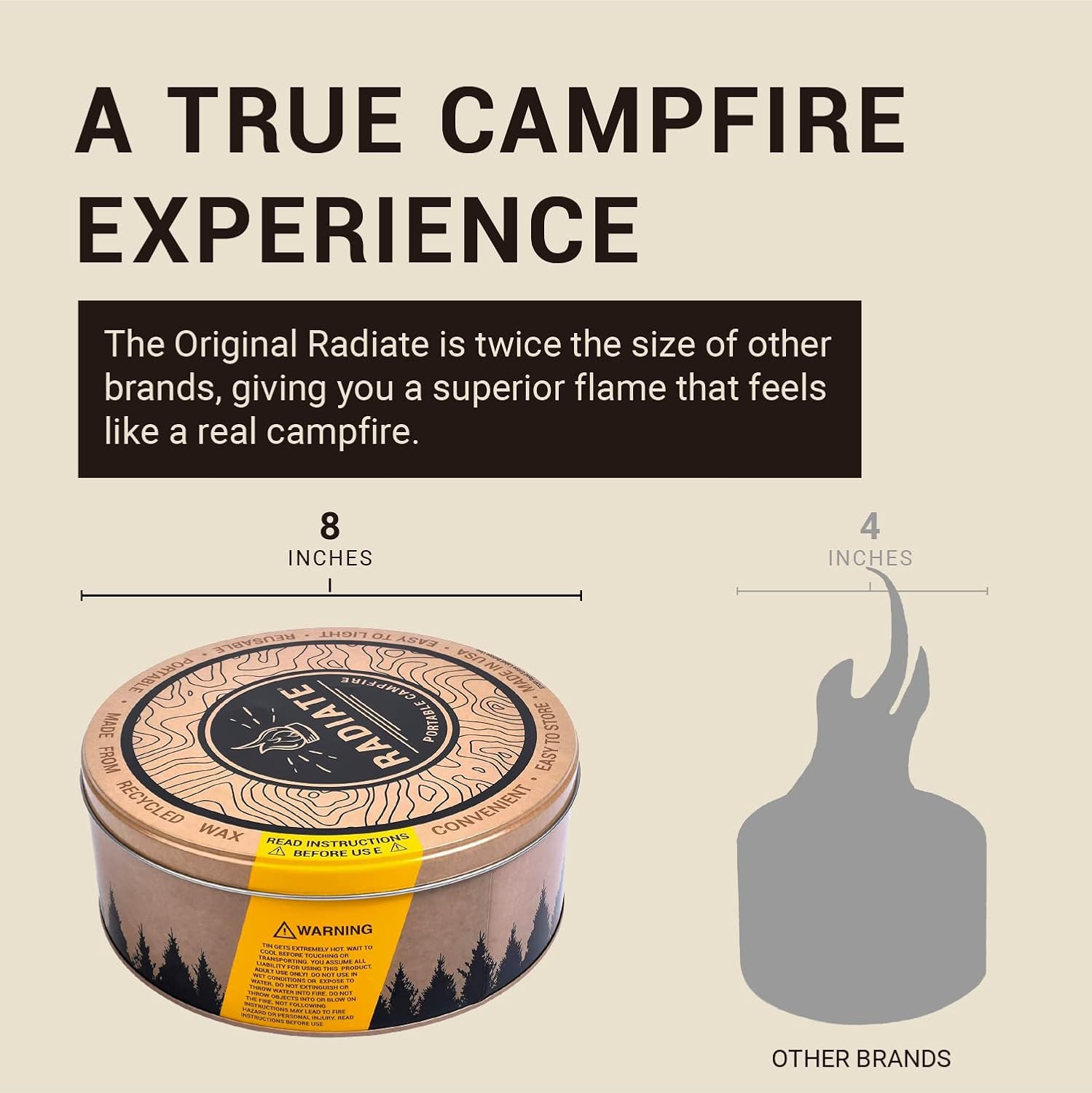 Radiate - 2 Pack XL Outdoor Portable Campfire - 3 to 5 Hours Minutes of Burn Time - 8” Reusable Fire Pit for Camping, Smores, Cooking, and Picnics - Recycled Soy Wax