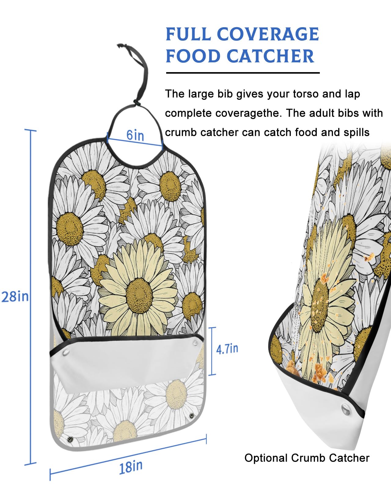 Watercolor Flower Adult Bib for Eating with Crumb Catcher,Washable & Waterproof Terry Cloth Adjustable Elderly Women Men Adult Bibs Funny Apron Reusable Clothing Protector Minimalist Aesthetics Floral