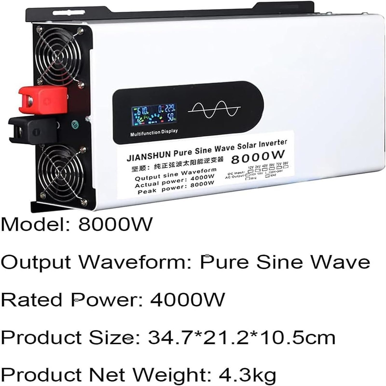 Inverter a Onda sinusoidale Pura 5000W 6000W 8000W 10000W 12000W Convertitore di Potenza DC 12V/24V/48V/60V/72V/96V a AC 110V/220V Con Prese EU & Display LCD,Per Camper,viaggi,Camion(8000W,48Vto110V)