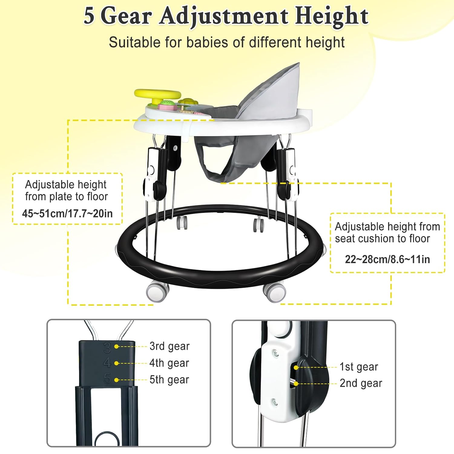 Foldable Baby Walker for Boys and Girls, 5-in-1 Baby Walker with Wheels, Adjustable Height Toddler Activity Walker with Music Tray, Detachable Seat and Mute Anti-Rollover Baby Walkers for 8-24 Months