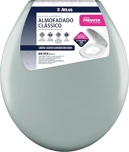 Atlas - Assento Sanitário Plástico Almofadado Clássico com Kit de Fixação, Cor Cinza