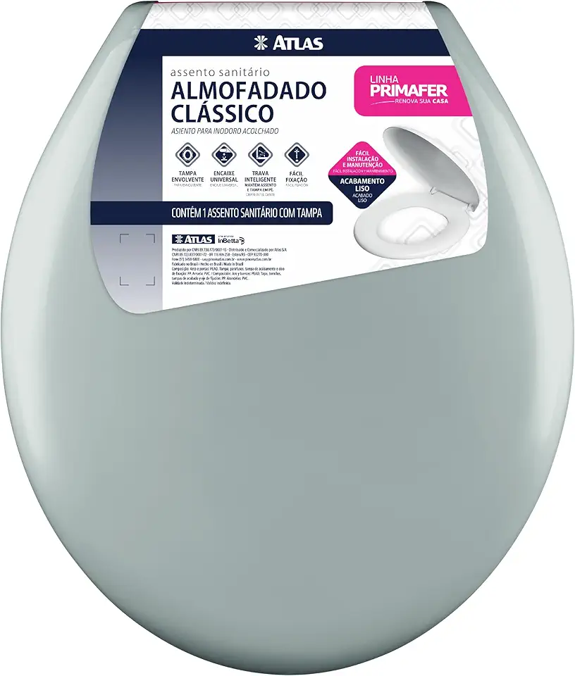 Atlas - Assento Sanitário Plástico Almofadado Clássico com Kit de Fixação, Cor Cinza