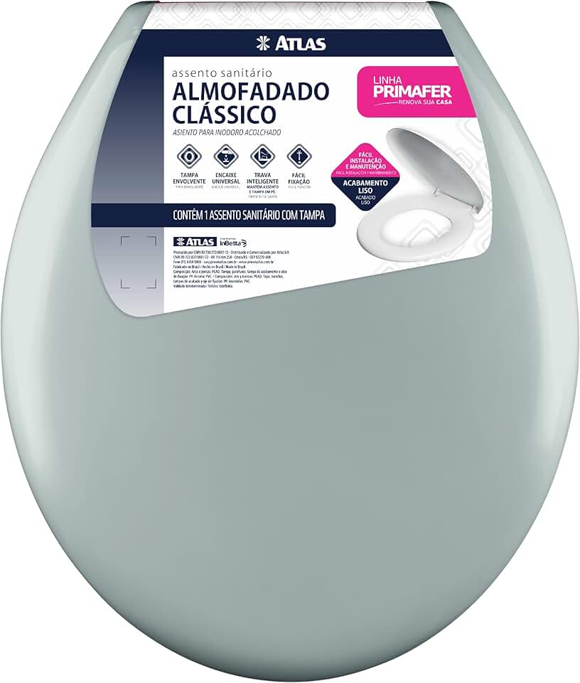 Atlas - Assento Sanitário Plástico Almofadado Clássico com Kit de Fixação, Cor Cinza