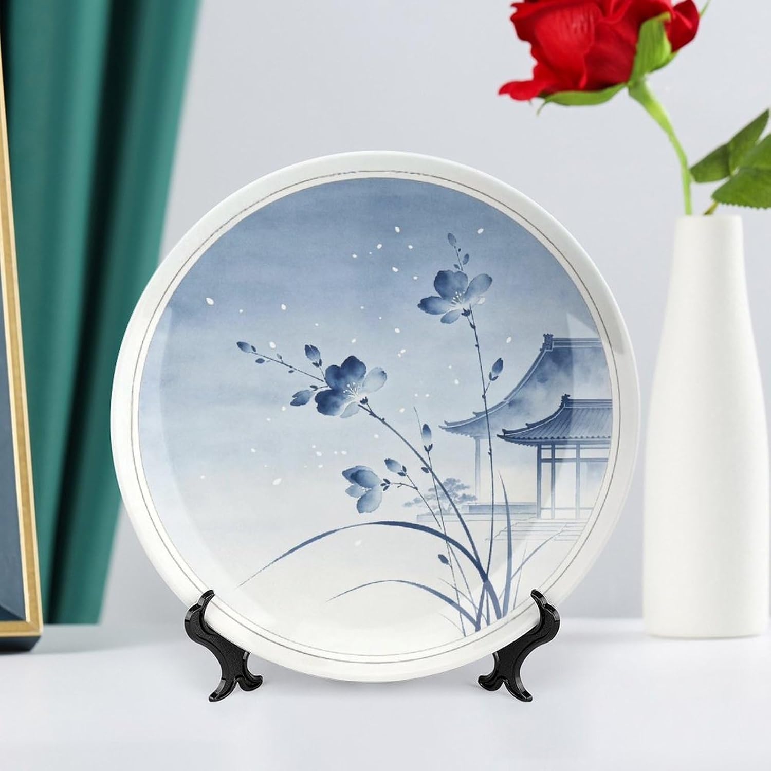 Blue White Porcelain Hanging Plate, Branches Reaching Distant Pavilion on Pure White for Elegant Hallway Bone China Decorative Plate, 10inch Wall Art Home Decor