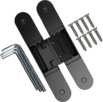 TOGU Hidden Door Hinge for Secret Door, Zinc Alloy Hinge kit can outswing 180 Degree, top Load Capacity of 176 lbs for 2 pc of Butt Hinges, 3 Way Adjustable Concealed Hinges Black, 1 pc