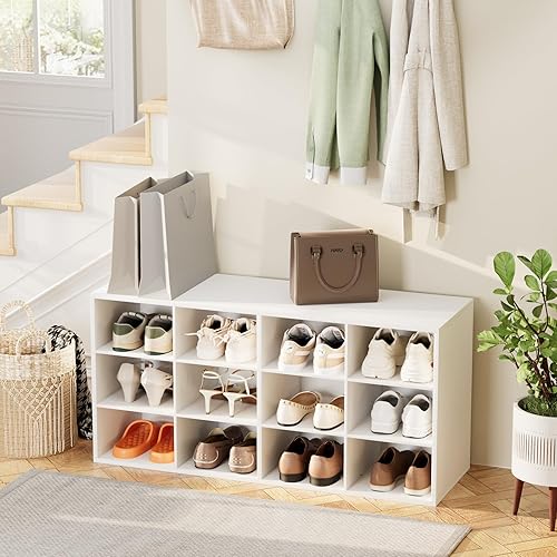 Miniatura 3 de Zapatero de 12 compartimientos, organizador de zapatos de madera de 3 niveles, banco organizador de zapatos multifuncional para entrada, vestíbulo,