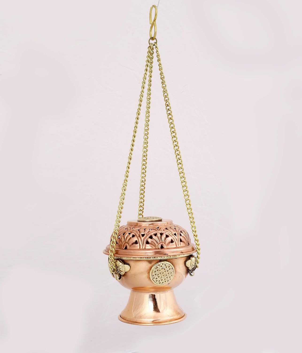 Indian Consigners Copper Altar Incense Charcoal Burner Holder with Chain (Flower of Life)