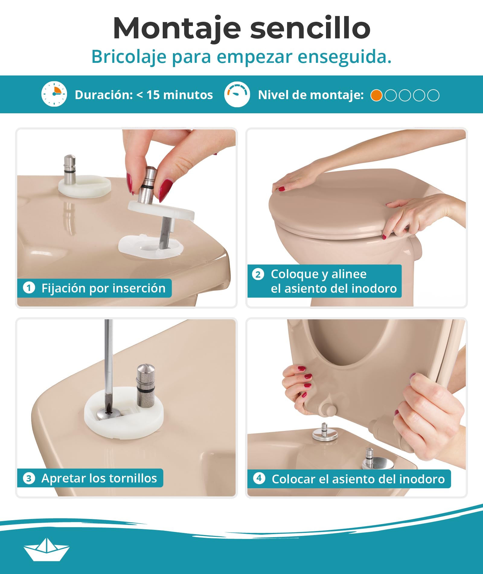 Calmwaters® Premium asiento de inodoro de fácil instalación, hasta 250 kg, Made in EU, duroplast antibacteriano, doble mecanismo de cierre suave, 2 opciones de fijación, extraíble, ovalado, beige
