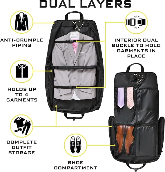 ZEGUR Premium Suit Garment Bag Carry On - Hangs 4 Suits - Travel & Business with Shoulder Strap and Laptop Compartment