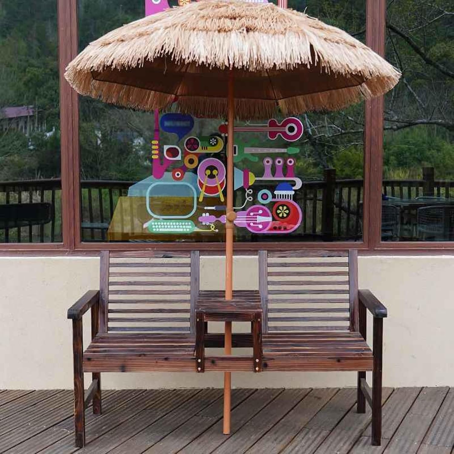 Patio Outdoor Bench Garden Bench, Slatted Seat, Outdoor Seating, Chair Seat Furniture, with Table, Umbrella Hole, for Garden, Porch, Yard, Carbonized