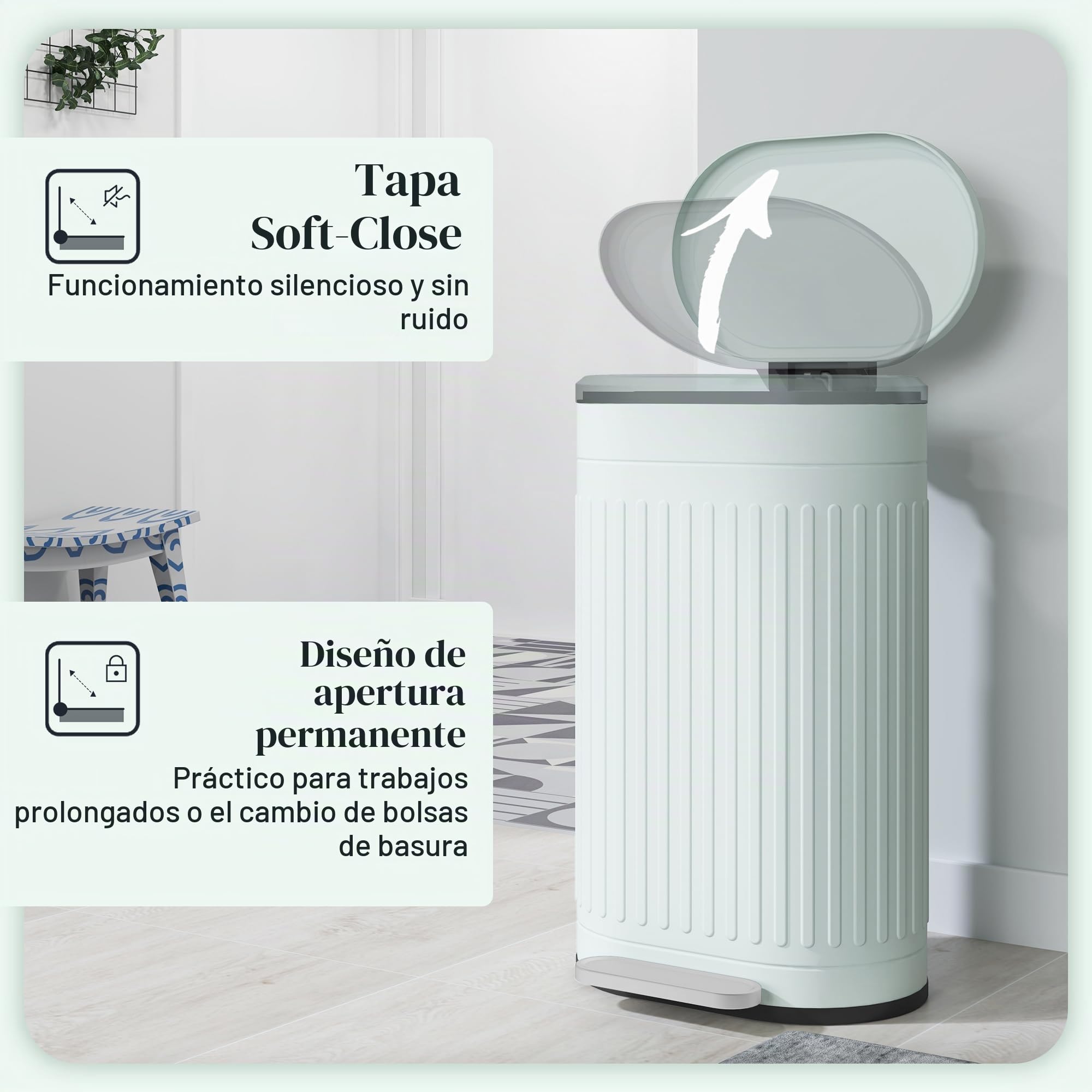 HOMCOM Papelera con pedal 30L, antihuellas, tapa soft-close, verde claro | Papelera de cocina metálica, pedal, cubo interior extraíble