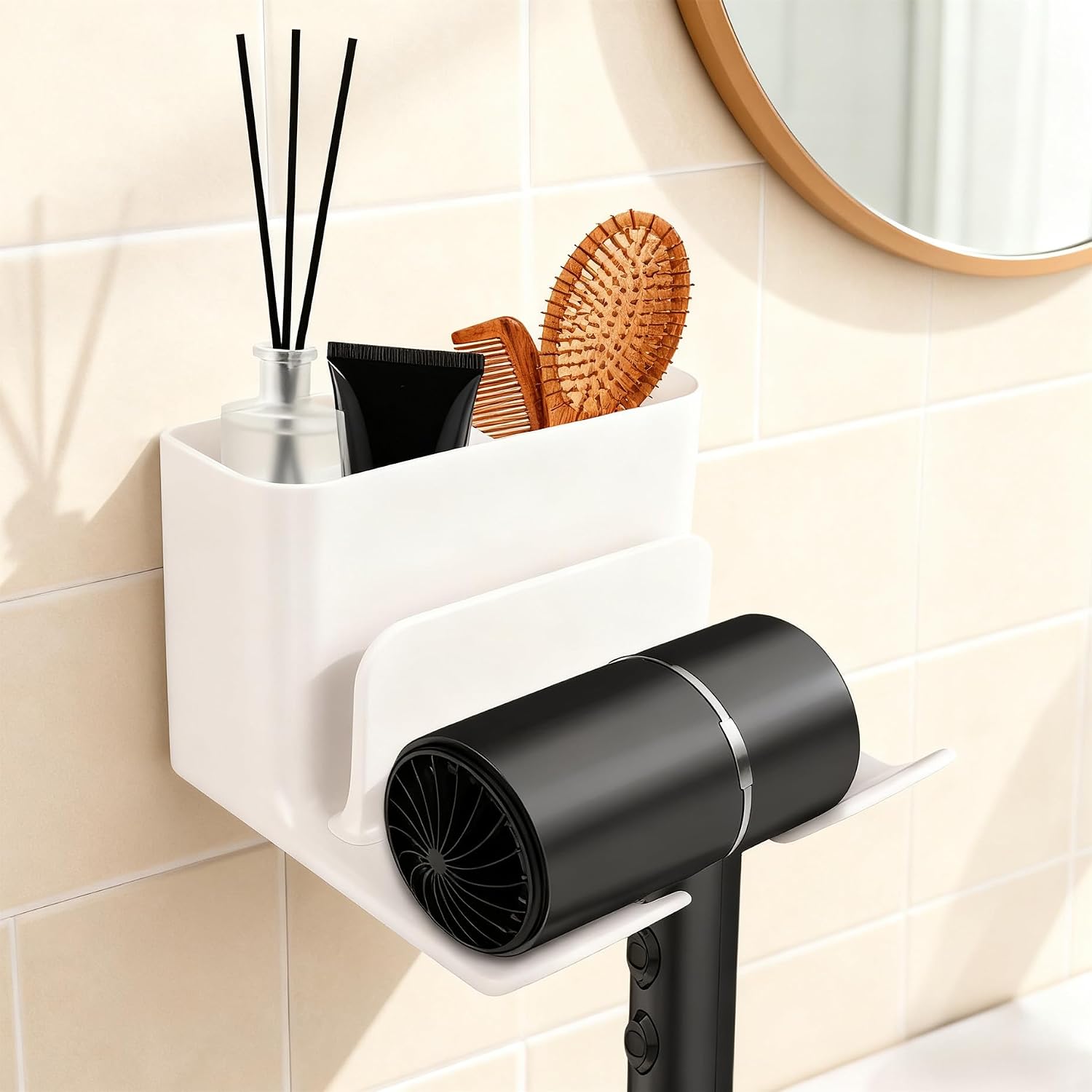 2 Pack Hair Dryer Holder Wall Mount, Self Adhesive Blow Dryer Holder with Cord Organizer for Bathroom Cabinet Wall, Universal Hair Dryer Hanger Storage Rack (White)