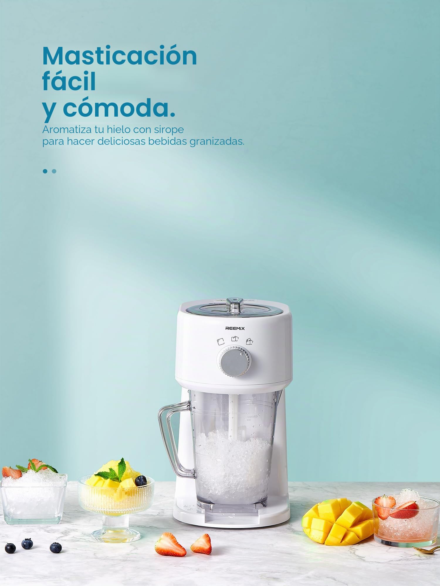 Reemix Máquina de hielo afeitado, máquina de afeitar eléctrica de hielo y máquina de conos de nieve con almacenamiento de gran capacidad, trituradora de hielo portátil de grosor que se puede ajustar,