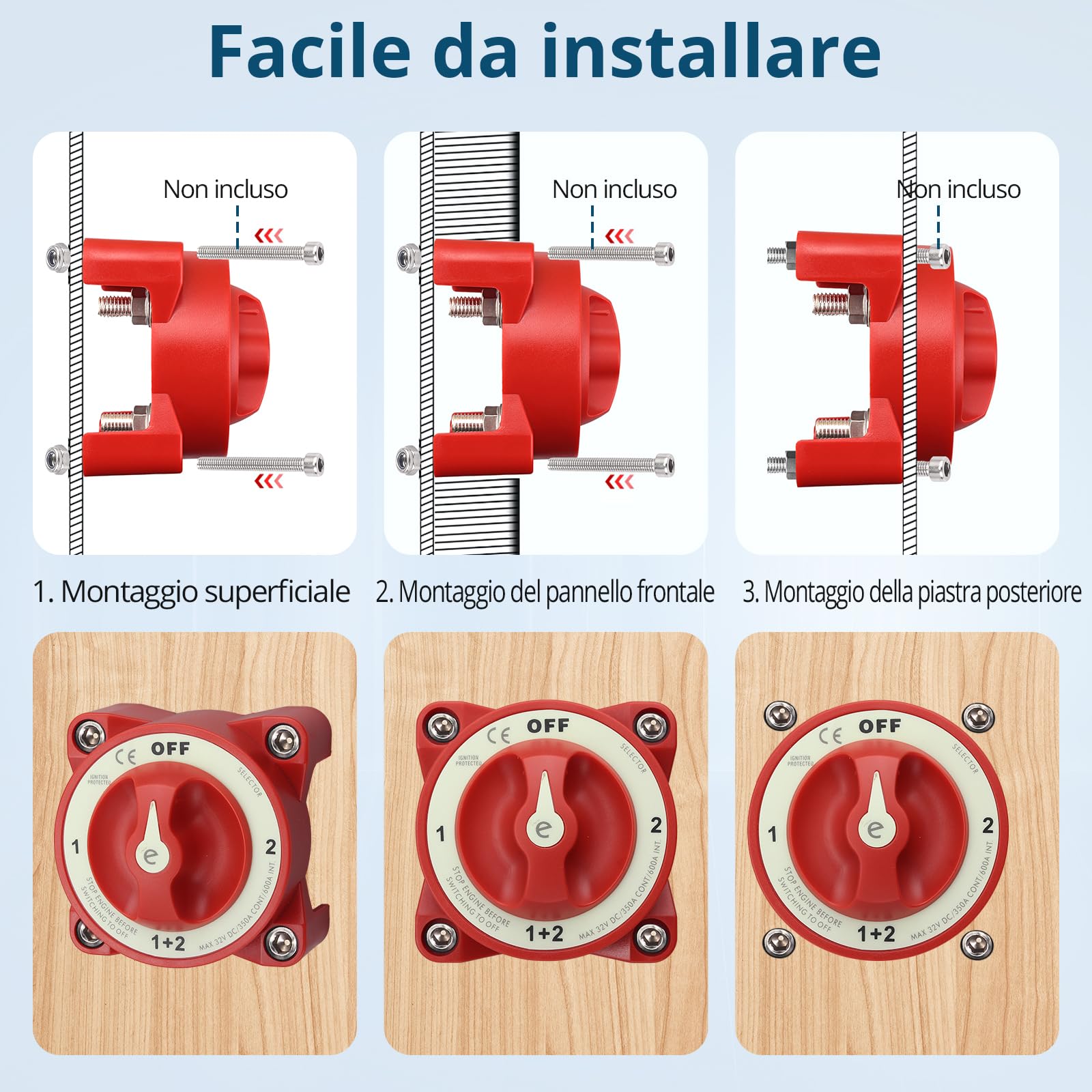 Interruttore Stacca Batteria 12V 24V 32V 350A per Auto, Camper, Barca, Selettore Staccabatteria On/Off 4 Posizioni, Nucleo in Rame Argentato, Impermeabile IP65, Adatto al Bullone M10