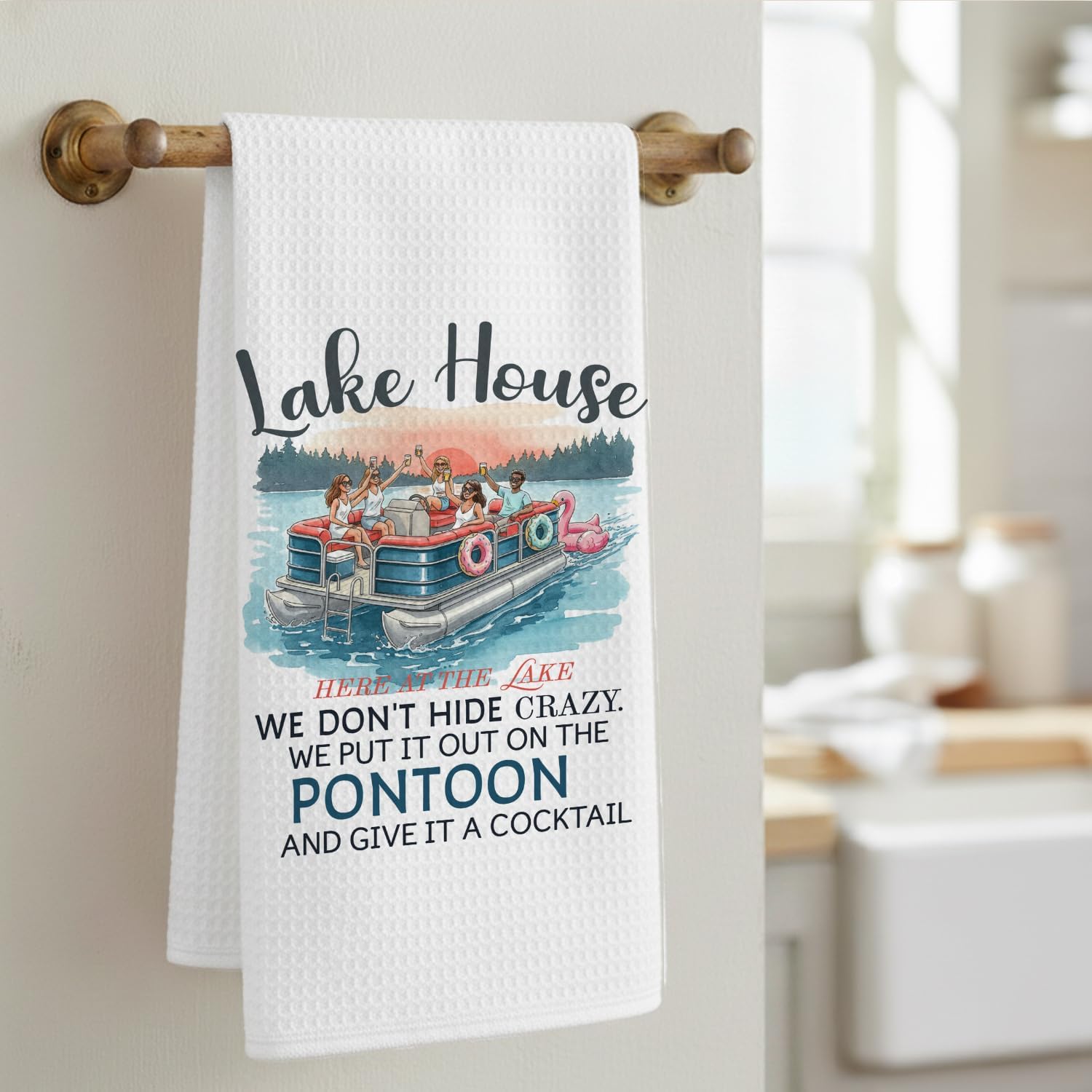Lake House Gifts Kitchen Towels, Gifts for Lake Lovers Dish Tea Towels, Coastal Beach Summer Pontoon Boat Decorative Hand Towels for Kitchen Bathroom, 16x24 Inch - Image 3