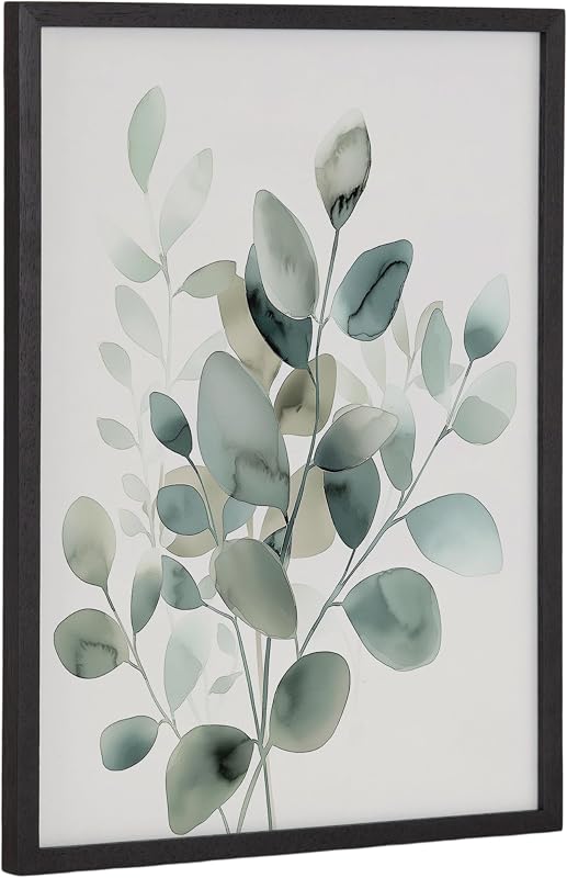 Kate and Laurel Modern Minimalist Botanical Watercolor in Muted Teal Framed Wall Art by The Creative Bunch Studio; 12x16 Black; Soft Eucalyptus Plant Art for Wall