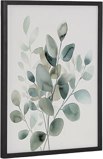 Kate and Laurel Modern Minimalist Botanical Watercolor in Muted Teal Framed Wall Art by The Creative Bunch Studio; 12x16 Black; Soft Eucalyptus Plant Art for Wall