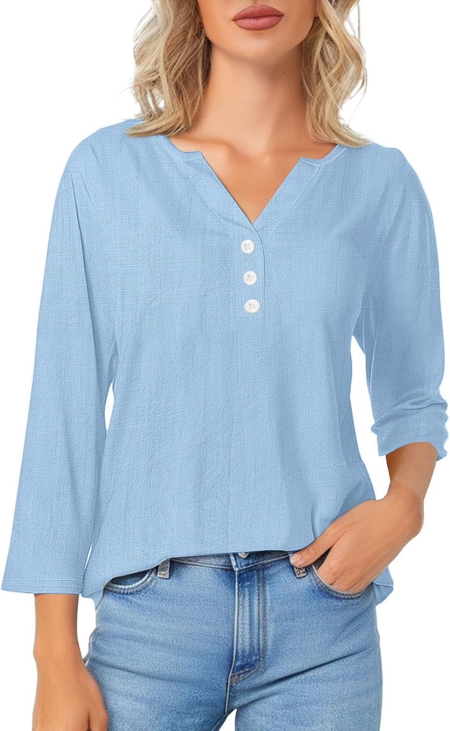 Womens Cotton Linen Tops V Neck Button Up Casual Comfy 3/4 Sleeve Blouses Solid Summer Beach T-Shirt 2026