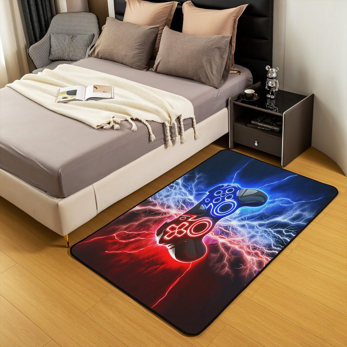 Loussiesd Dywan do salonu dla graczy, 150 x 200 cm, gamingowy dywan akcentujący dla chłopców, dziewcząt, nastolatków, nowoczesny kontroler konsoli do gier, wewnętrzna mata podłogowa, joystick,
