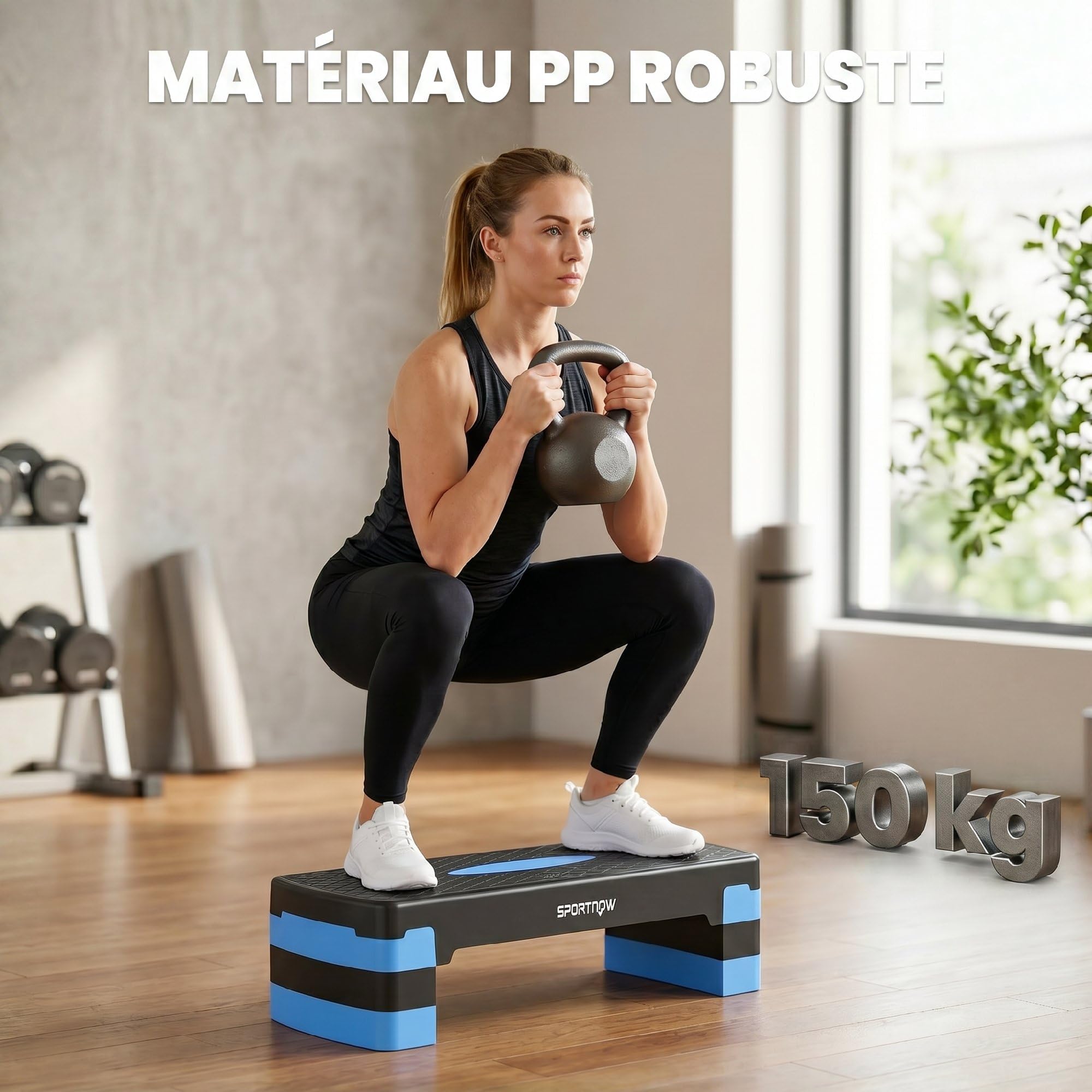 SPORTNOW Stepper Fitness Aérobic 3 Niveaux, Hauteur Réglable 10/15/20 cm avec Rehausses, Surface Antidérapante, Charge 150 kg, Stepper Aérobic pour Maison et Salle de Sport, Bleu