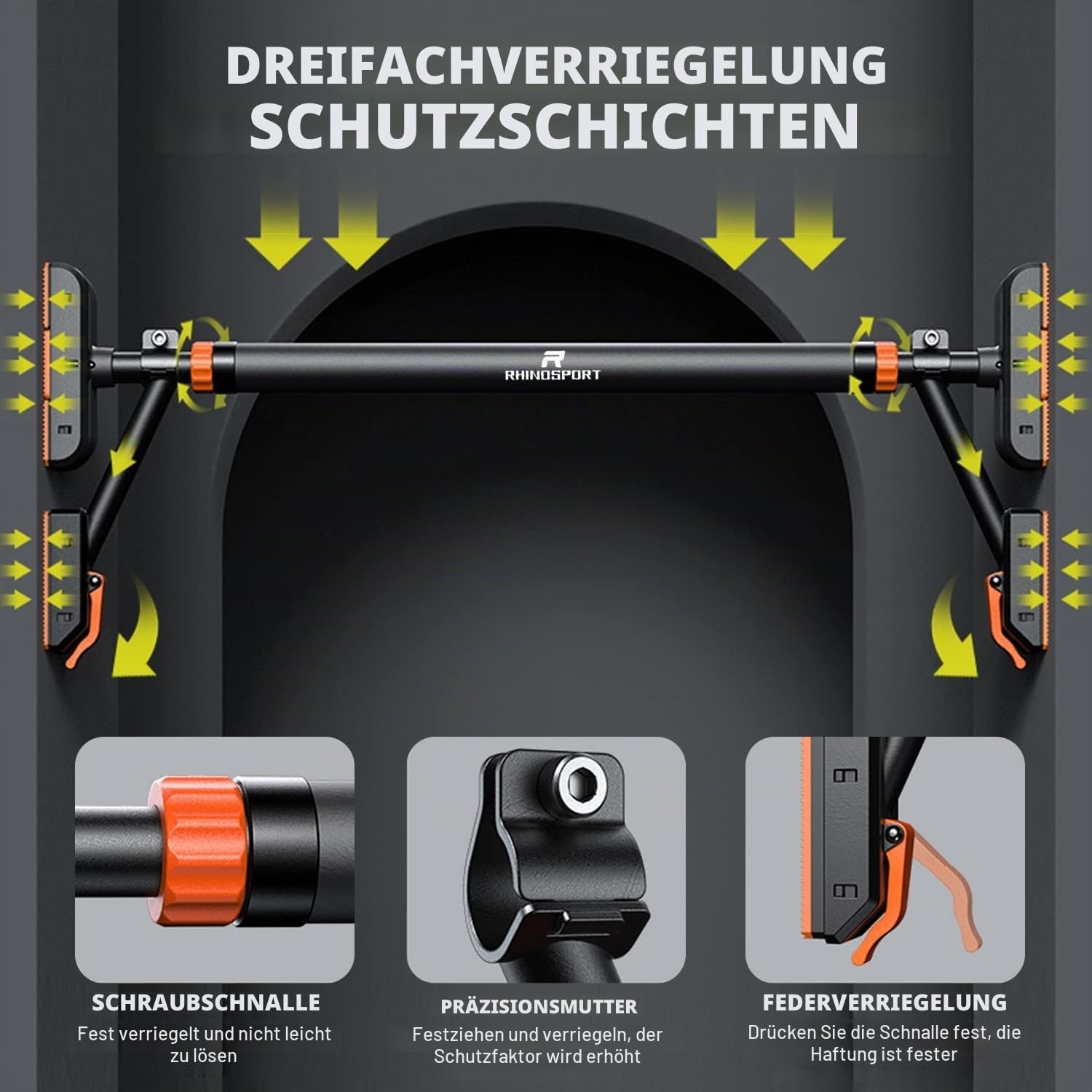 RHINOSPORT Klimmzugstange Türrahmen Ohne Schrauben 69-98 cm | ohne Bohren, ausziehbar, federgesichert & rutschfest. Mit/ohne Stützfüße: 69-92/78-98 cm. für Mieter & Heimtraining