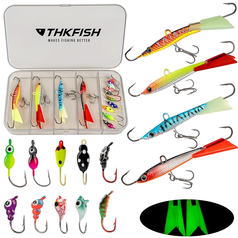THKFISH Ice Fishing Jigs Panfish Ice Fishing Lures Kits Ice Fishing Gear Kit 14pcs Luminous Ice Fishing Color D