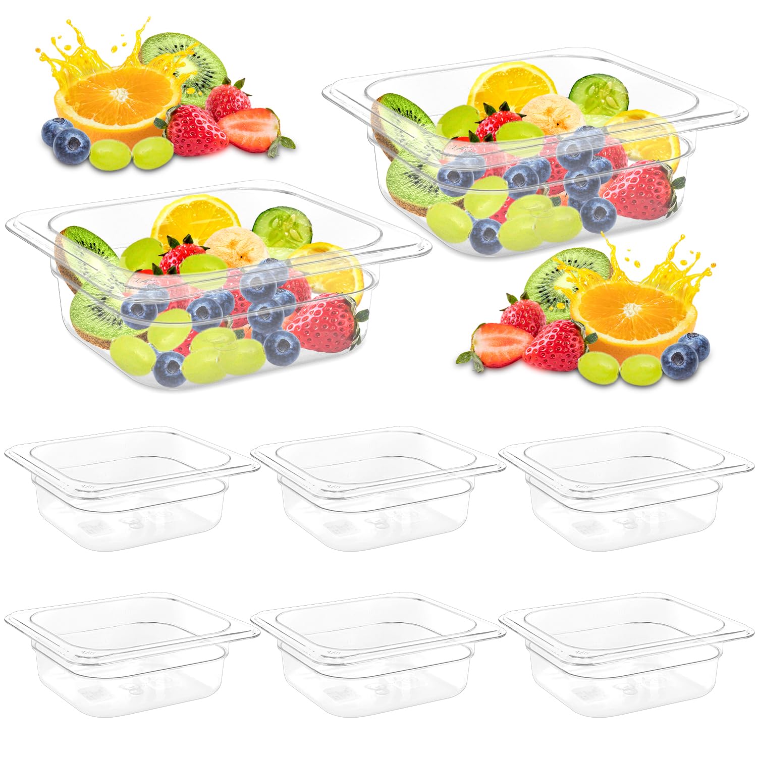 Sartén de plástico para alimentos con tapa, 8 piezas de plástico transparente de tamaño 1/6, recipientes de almacenamiento de alimentos de policarbonato transparente, sartenes frías profundas