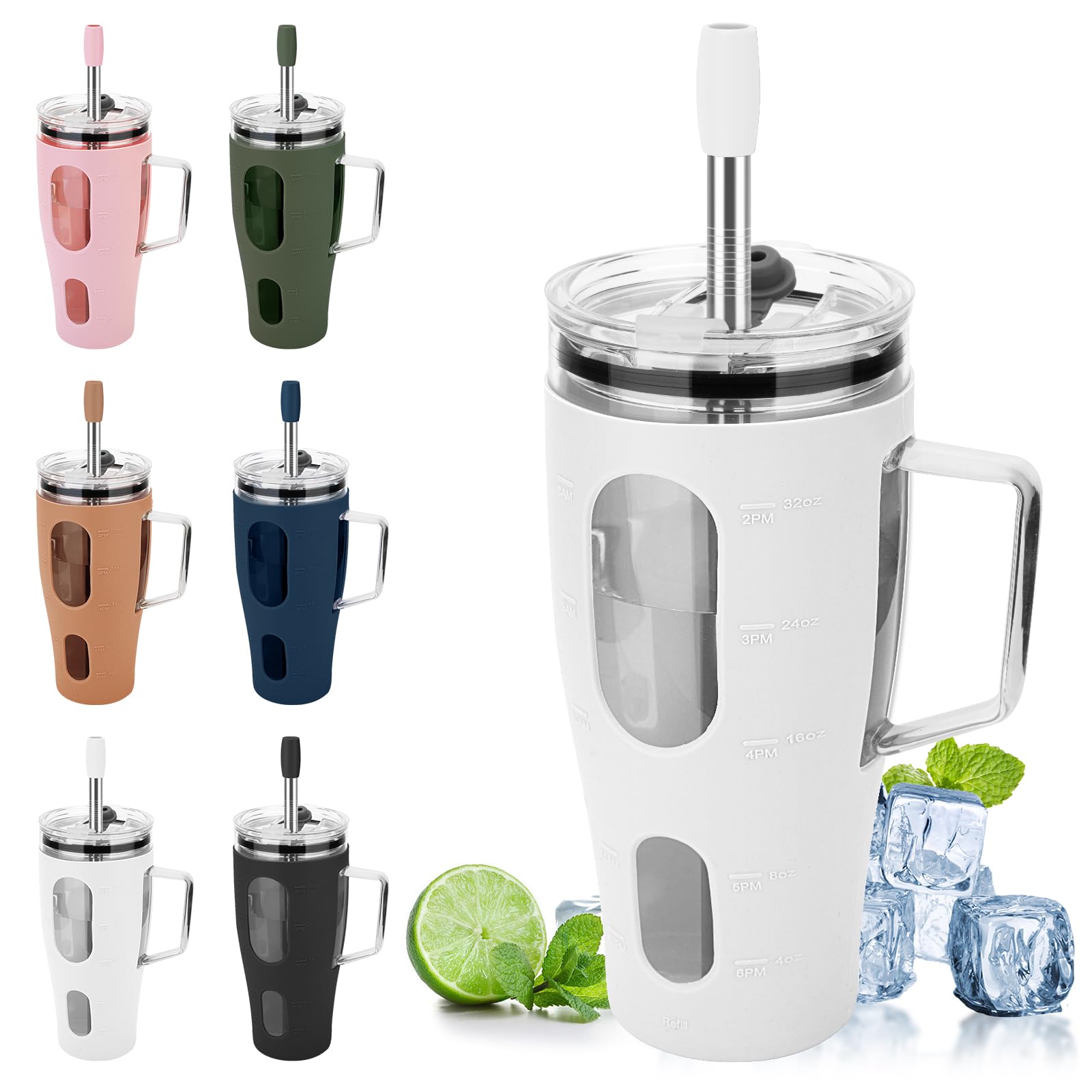 Zenbo 40 oz Motivational Glass Tumbler: Reusable Iced Coffee Cup with Straw and Handle, Leak Proof Lid, Silicone Sleeve, Fits Cup Holder, BPA Free