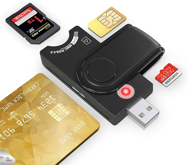 4-in-1 Memory Card Reader, SIM Card Reader, SDHC/SDXC/SD& Micro SD Card Reader,Smart Card Reader for DOD Military USB Common Access CAC/SIM/ID/IC Bank/Chip Card(e-Tax),Compatible Windows,Vista