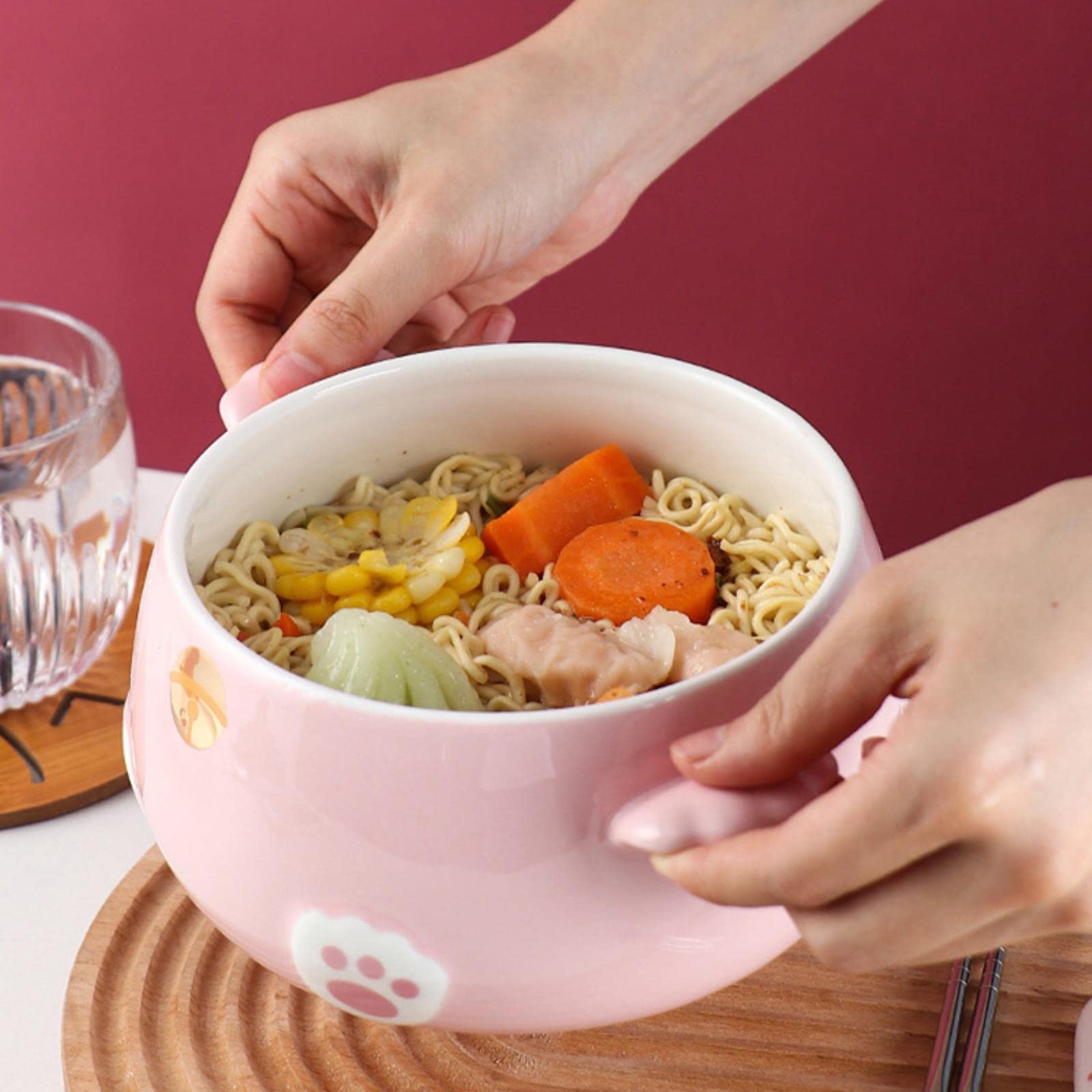 Schöne Katzen-Ramen-Schüssel mit Essstäbchen, Deckel, Löffel, Teller, Keramik, niedlich, für Küche, Salat, Obst, Instant-Nudeln, Reis, große Schüssel