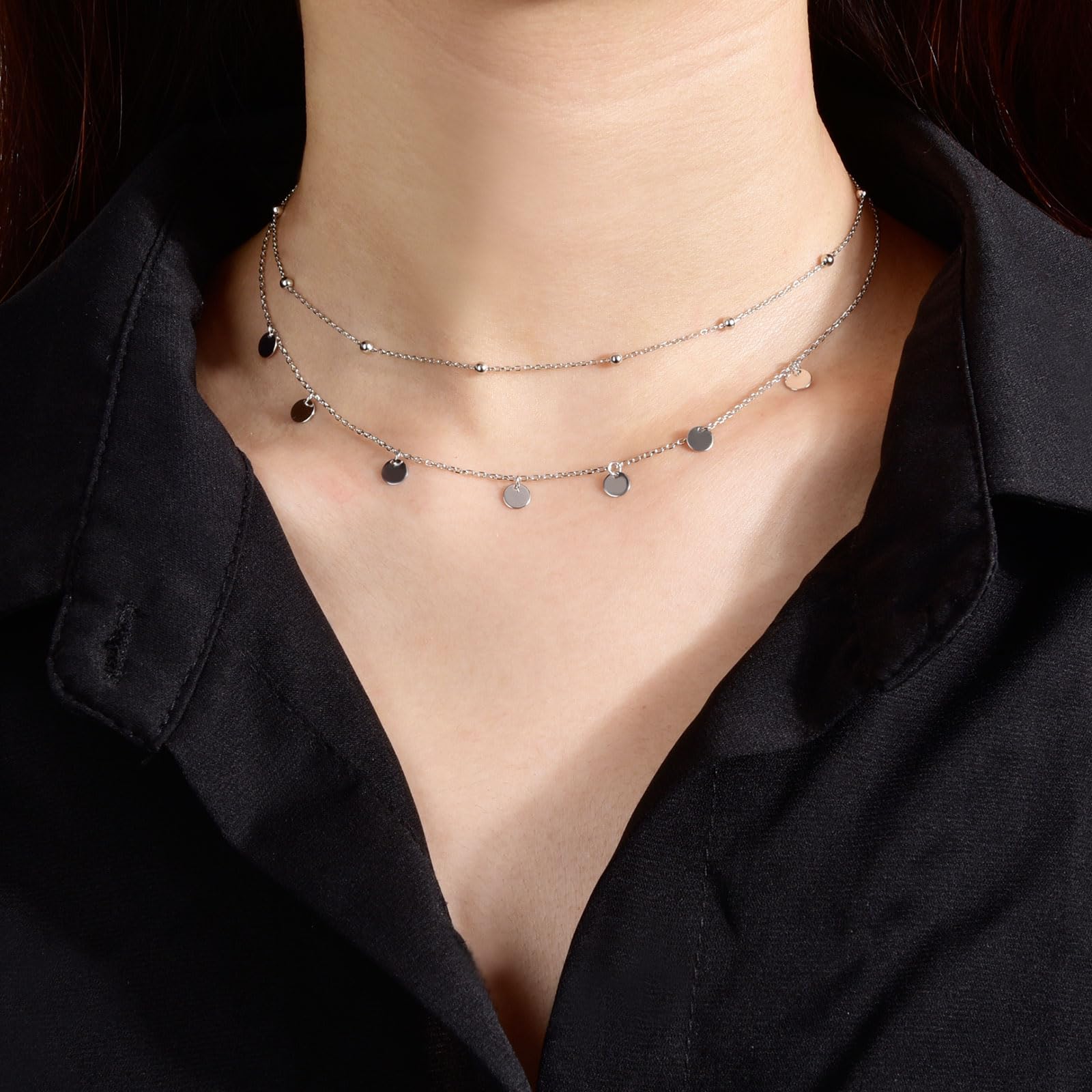 Collier ras-du-cou en argent sterling 925 avec pendentif en forme de pièce - Chaîne réglable pour femme
