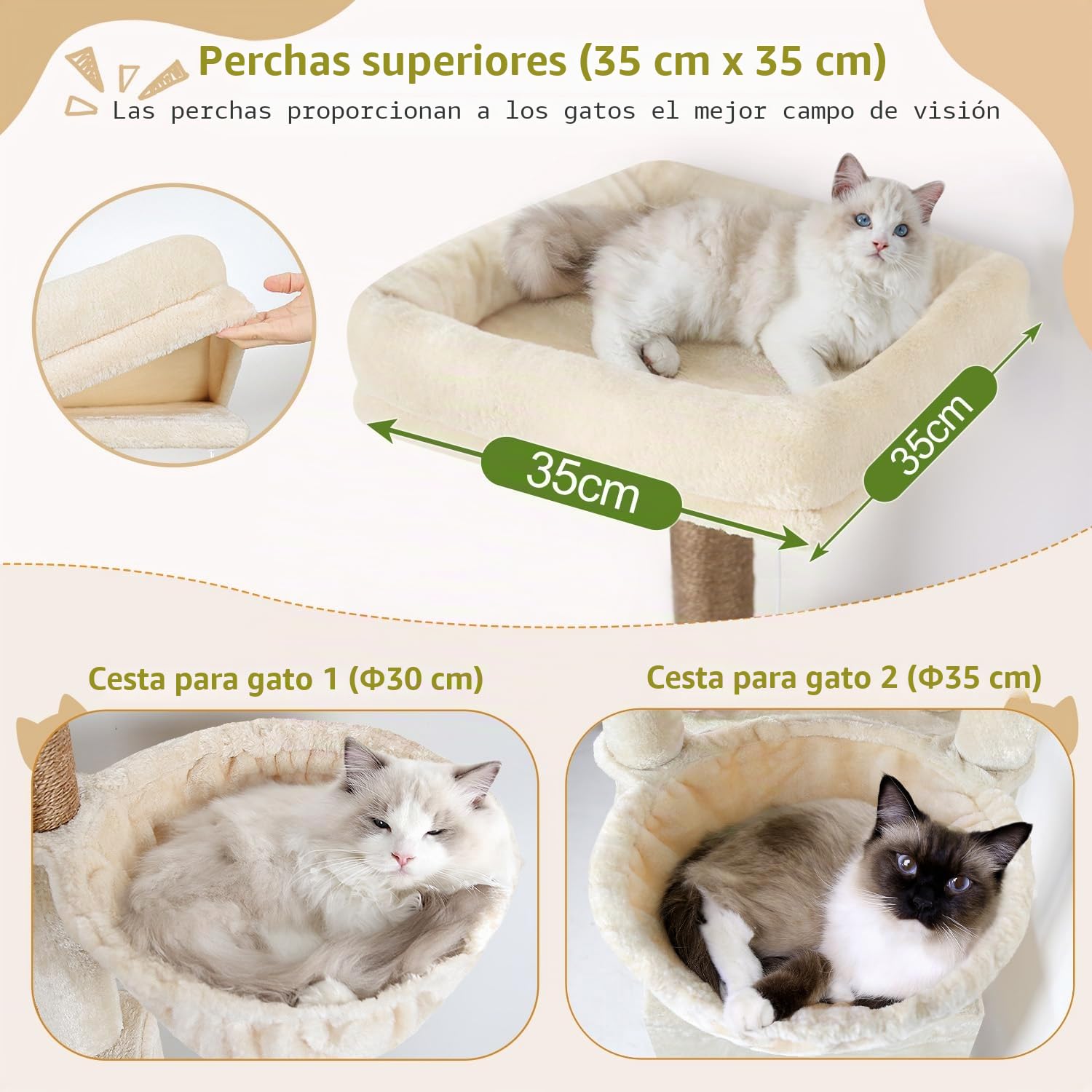 Globlazer Árbol Rascador para Gatos Grande Beige 189 cm Alto con 2 Nidos Grandes 45*30CM, 3 Plataforma Acolchada, 2 Cesta, Juguetes de Peluche, Estable Rascador para 3-5 Gatos Interior (F74F, Beige)