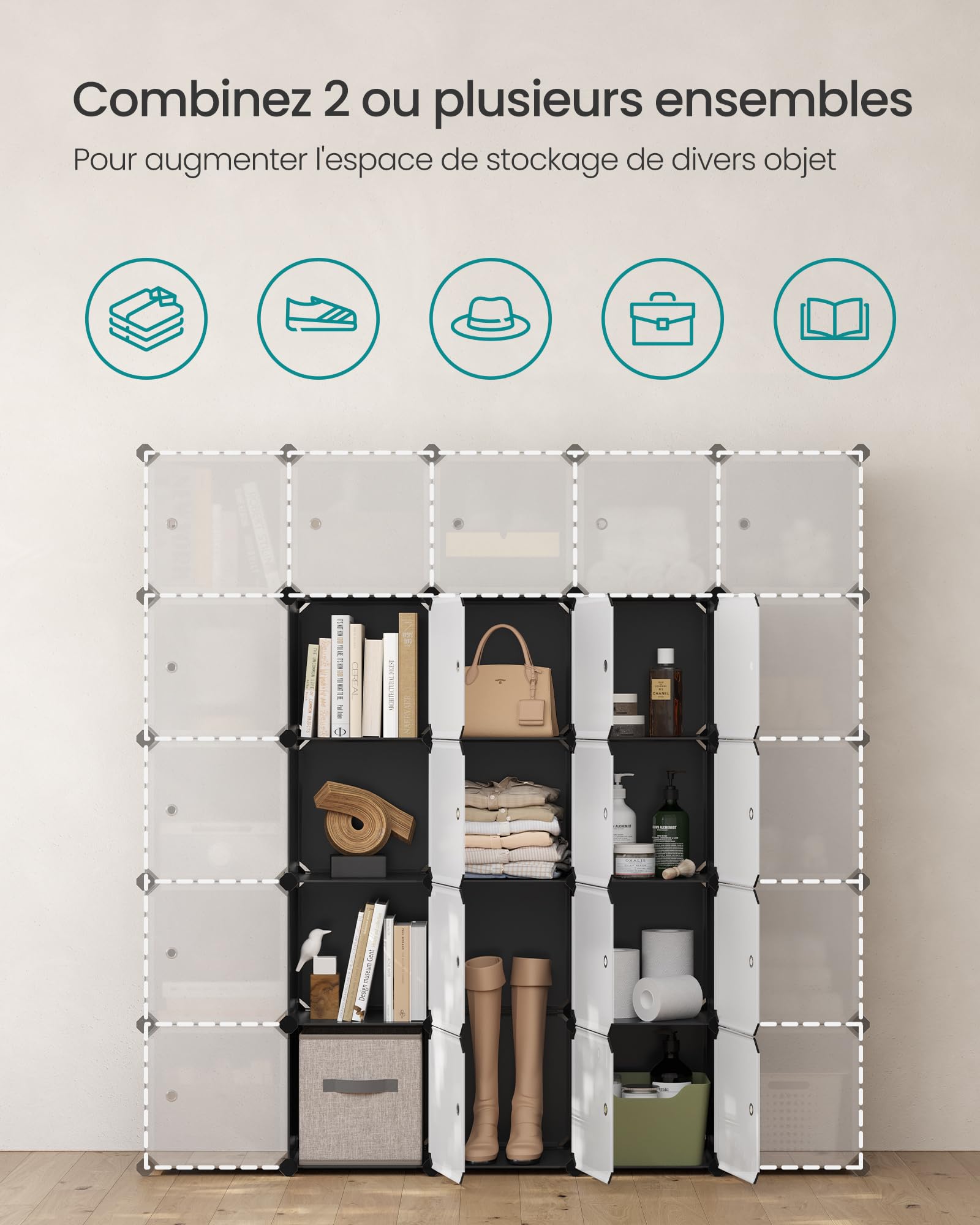 SONGMICS Meuble de Rangement Modulable, 16 Cubes, Étagère en Plastique, avec Portes, pour Vêtements, Chaussures, Livres, Assemblage Facile, Noir LPC44HS
