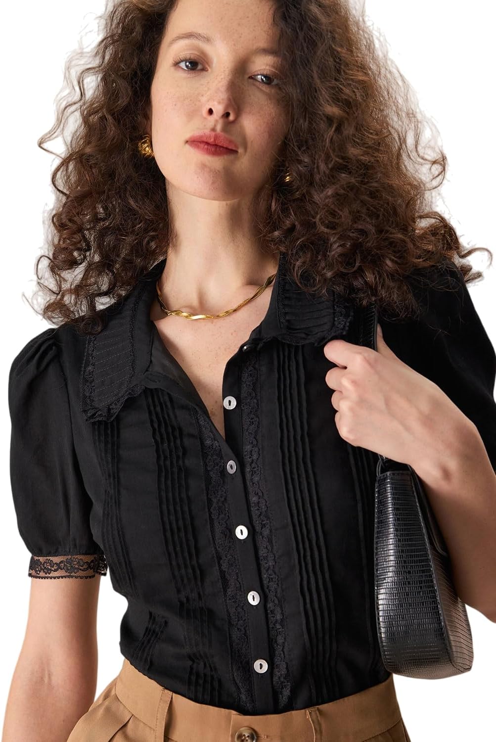 RIHOAS Women's Button Down Shirts Black Chelsea Collar Lace Trim Puff Short Sleeve Cotton Blouse Dressy Casual Going Out Tops