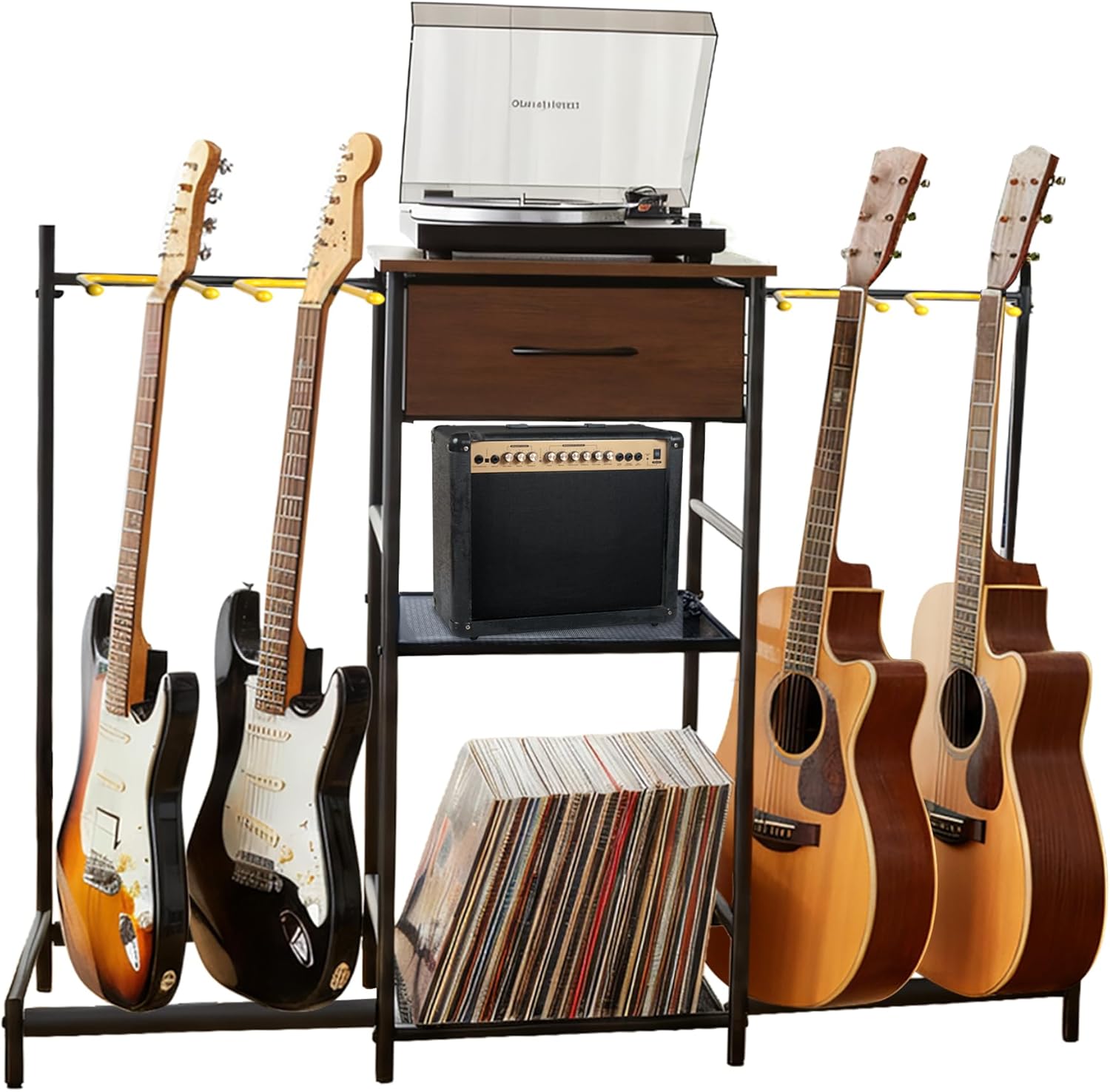 Pearington 3-Tier Multi Guitar Floor Stand with Amp Stand and Cloth Drawer, Space-Saving Floor Guitar Rack for 4 Acoustic, Electric, or Bass Guitars and Ukeleles