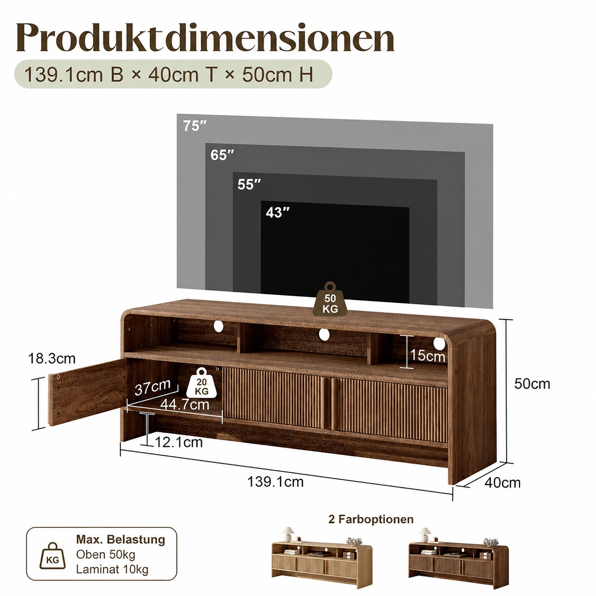 LUXOAK Mobile TV con parte anteriore scanalata e vano portaoggetti, 139,1