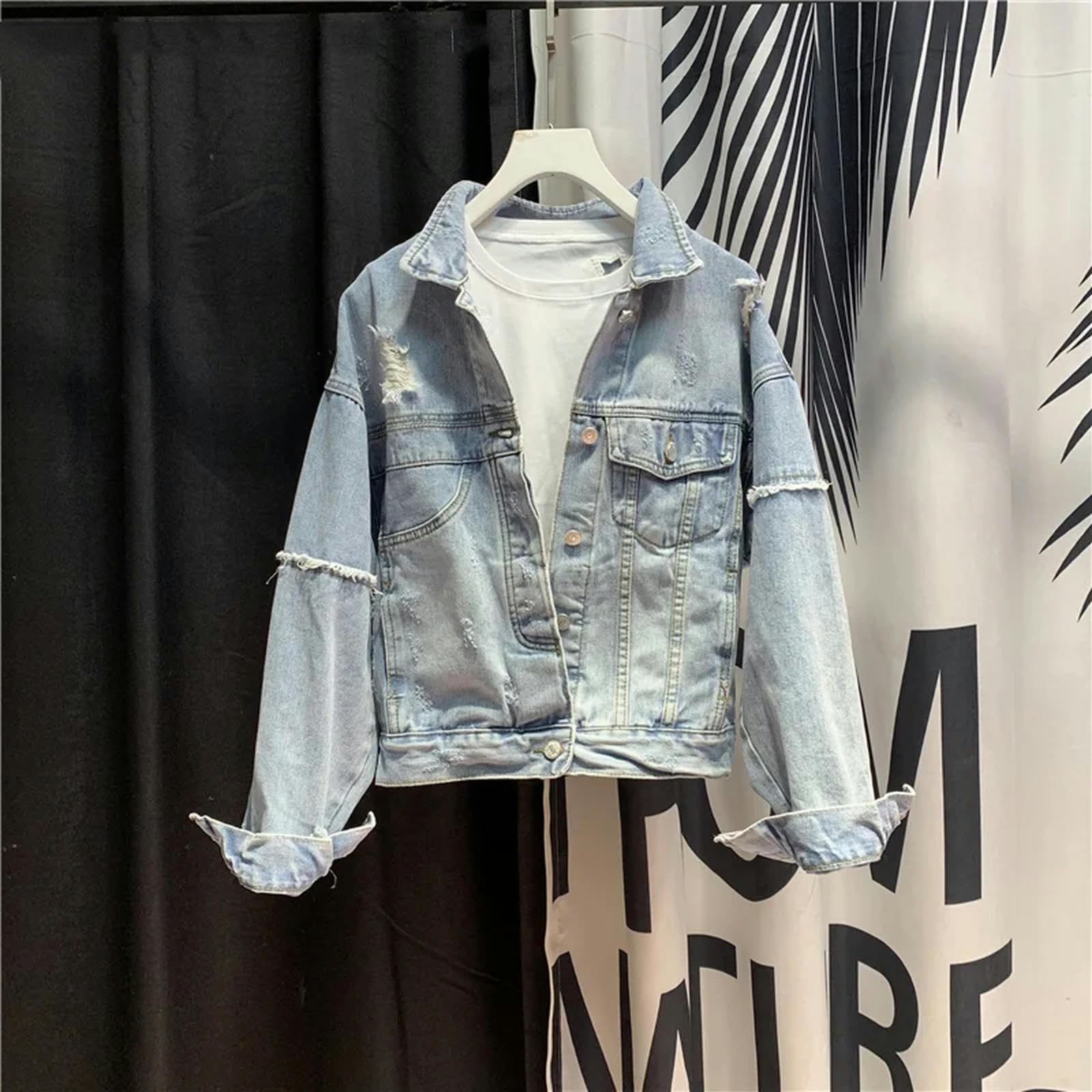 Giacca Uomo Giacca Jean Corta Manica A Pipistrello Hole Bat Women Giacca di Jeans Giacca di Jeans da Donna Strappato